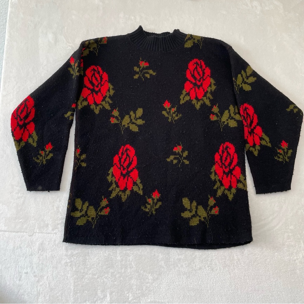 VTG Blue Morgan 90s Rose Knit Mock Neck Sweater Womens Sz S Coquette Grunge Goth - Picture 3 of 9
